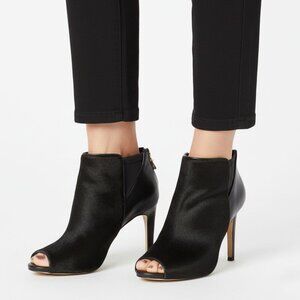 Ann Taylor Velleta Black Leather Peep-toe Ankle Booties Calf Hair Boots Heels 7